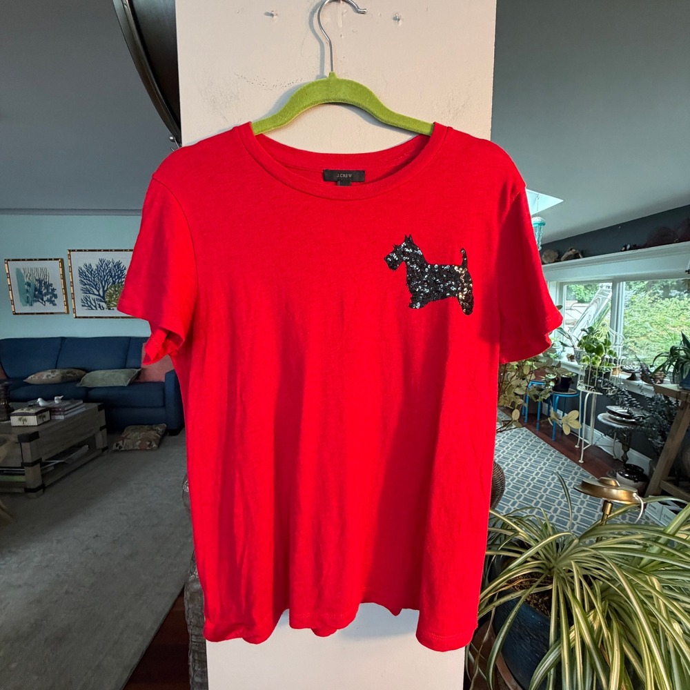 J.Crew Scottie Dog T-Shirt Womens L Red Excellent Sequin Animal Preppy Tee